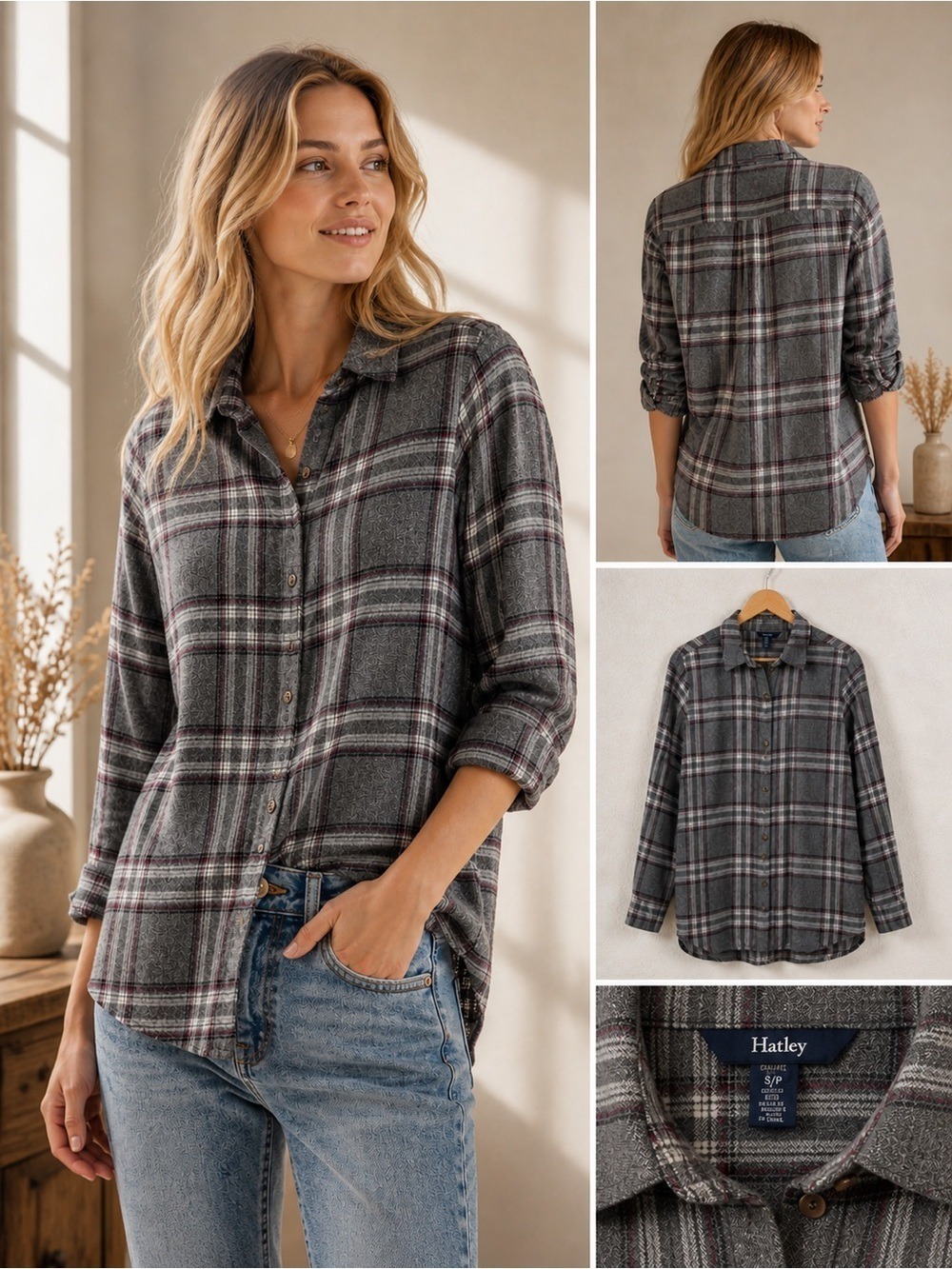 HATLEY plaid flanel button down shirt 100% cotton black white fushia pink small